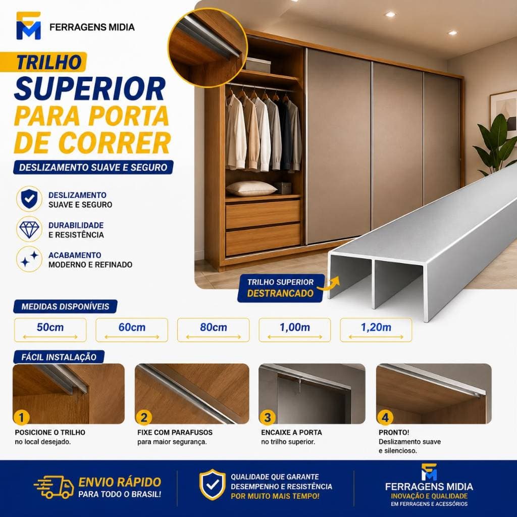 Trilho Perfil Superior de Porta de Correr de Guarda Roupa e Armários Rm-030 50 60 70 80 90 100mts