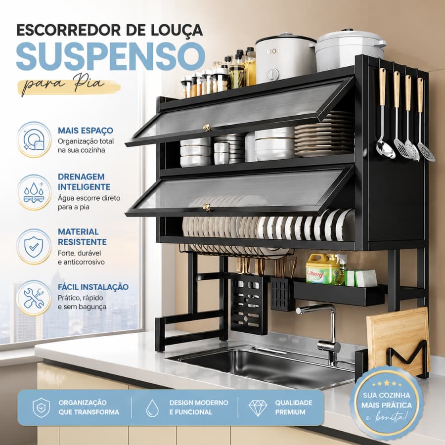 Escorredor De Louça Cozinha Suspensa Pia Rack Organizador Estante Porta Armário