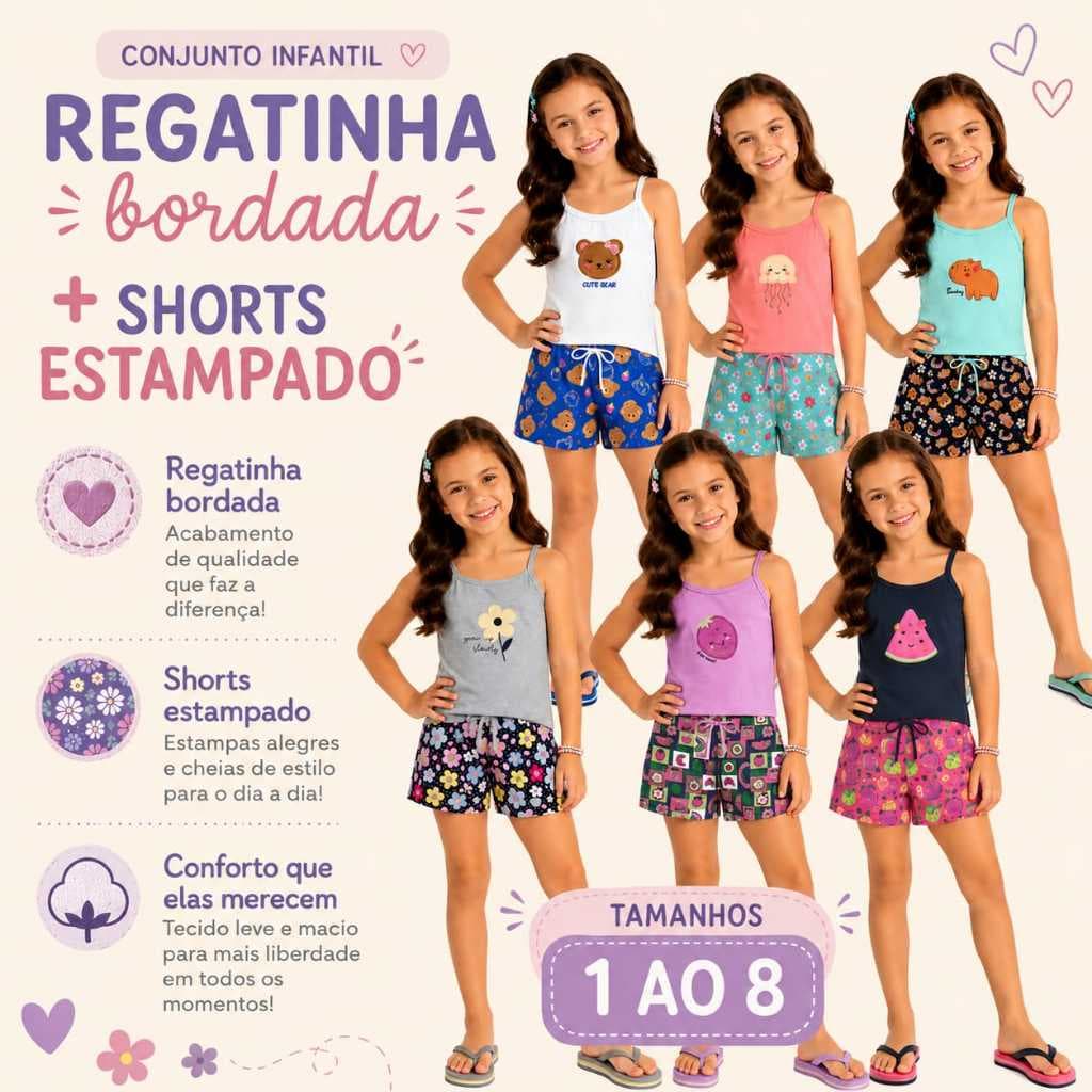 Kit 2 Conjuntos Infantil Feminino – Regata Bordada + Short Estampado