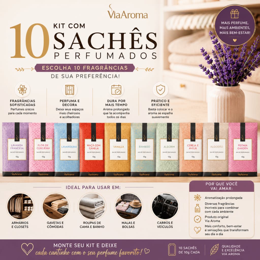 Kit 10 Sachês Perfumados Via Aroma 10g - Fragrâncias para Gavetas Armários Closets Bolsas Carros