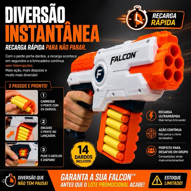 Lança Dardos Falcon com 14 Dardos de Espuma EVA | Recarga Rápida e Certificado INMETRO
