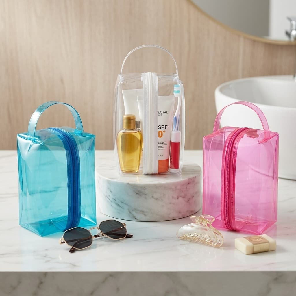 Necessaire Feminina Vinil Cristal Bolsa Organizadora Viagens Rosa Azul Transparente Piscina Praia