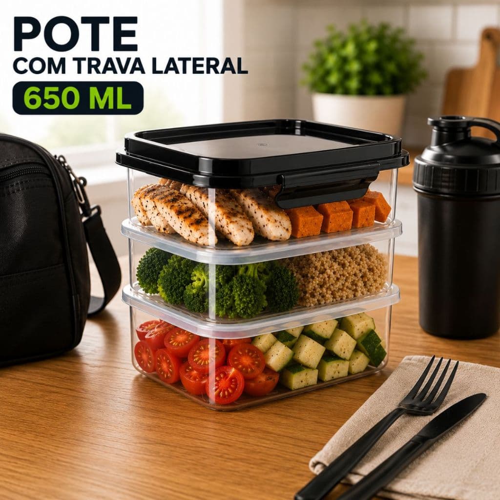 Kit 3 Potes 650ml Com Trava Resistente Marmitas Fitnees Praticidade Frezzer/Microondas