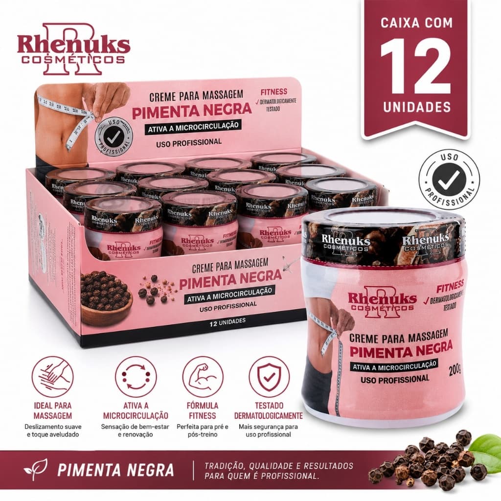Kit 12 Creme Massagem Pimenta Negra Rhenuks 200g Ativa Microcirculação Fitness Atacado