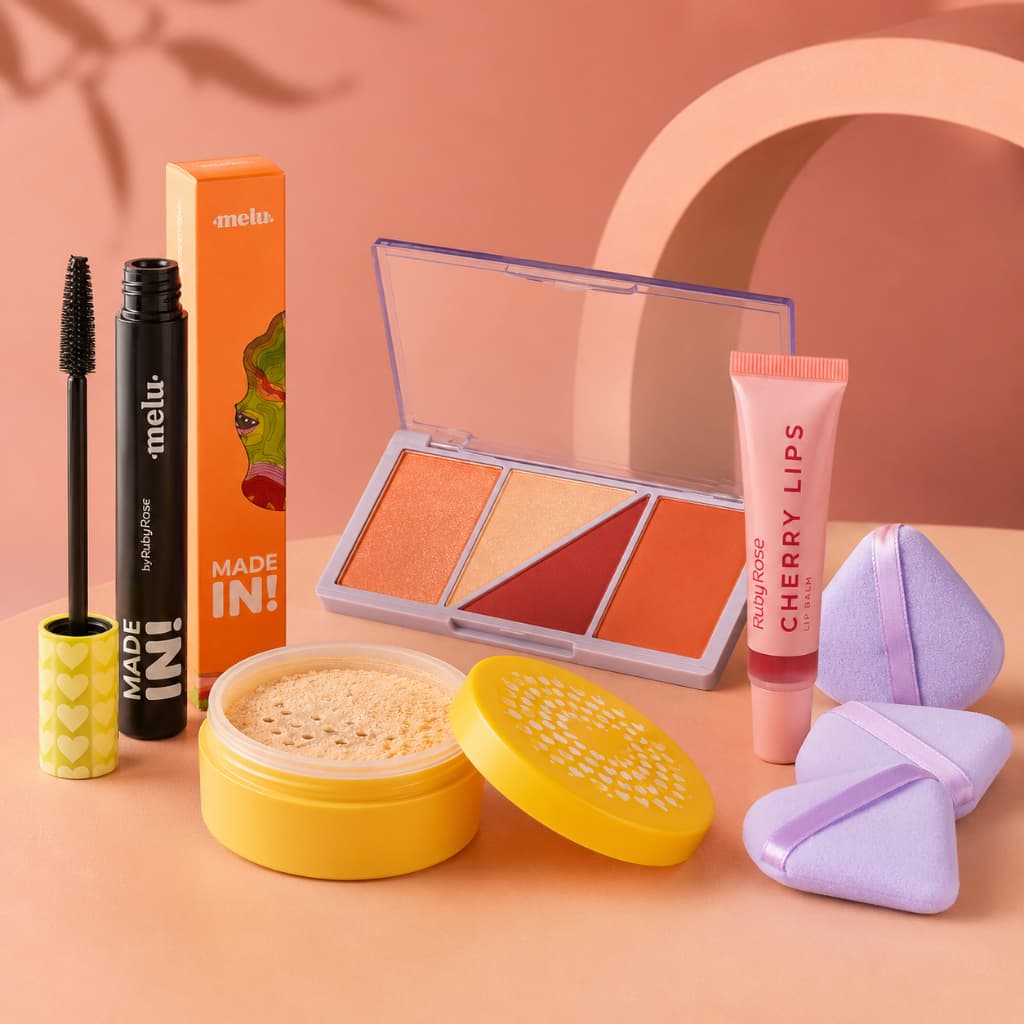 Kit Make Essencial Ruby Rose Completo Máscara Blush Lip Balm Pó Banana Esponja