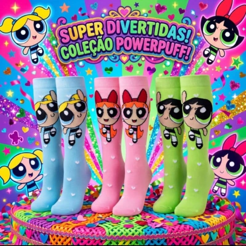 MEIAS DIVERTIDAS LONGA ALGODÃO AS MENINAS SUPER PODEROSAS ACADEMIA