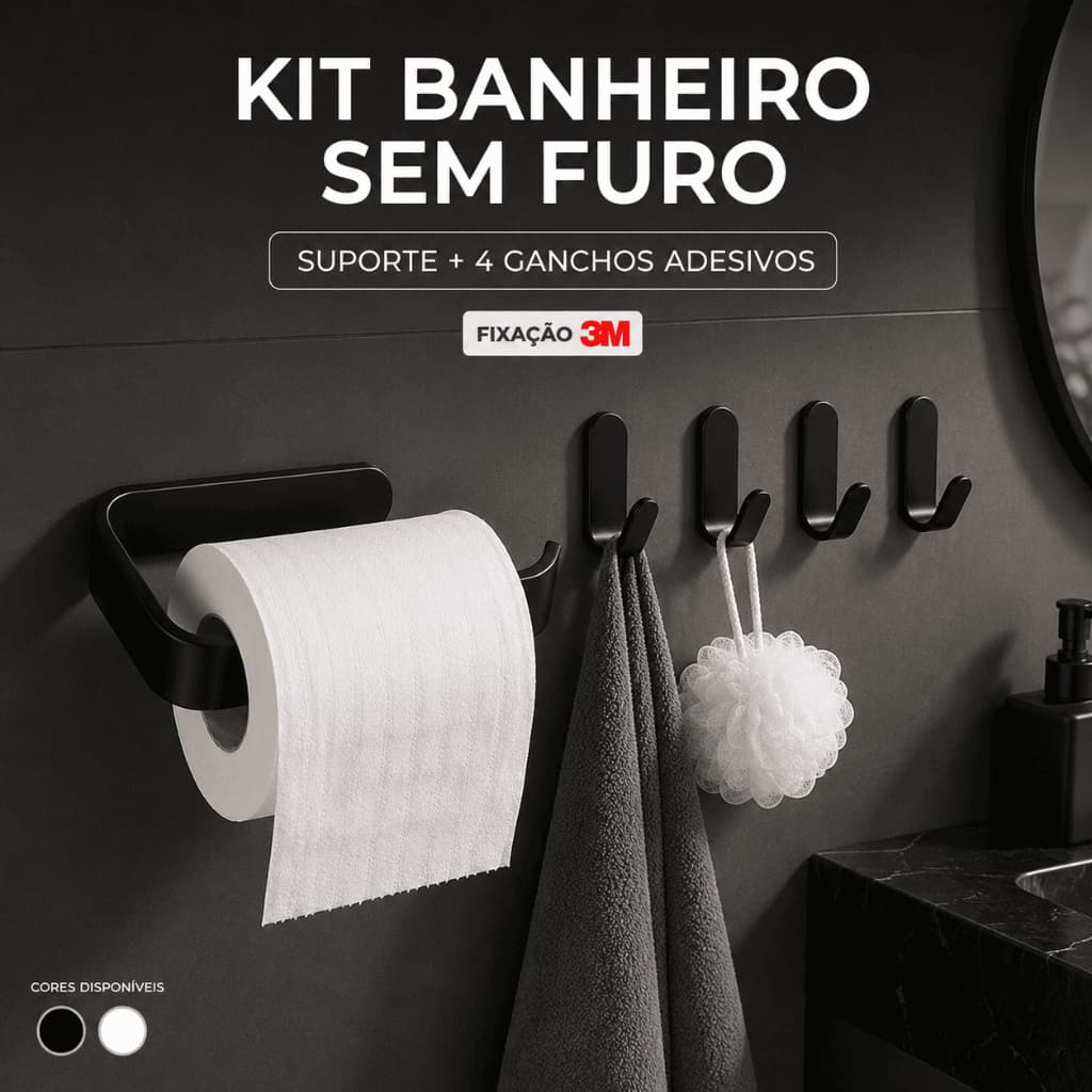 Kit Banheiro Sem Furo Porta Papel Higiênico + 4 Ganchos Adesivos 3M PETG Preto Branco