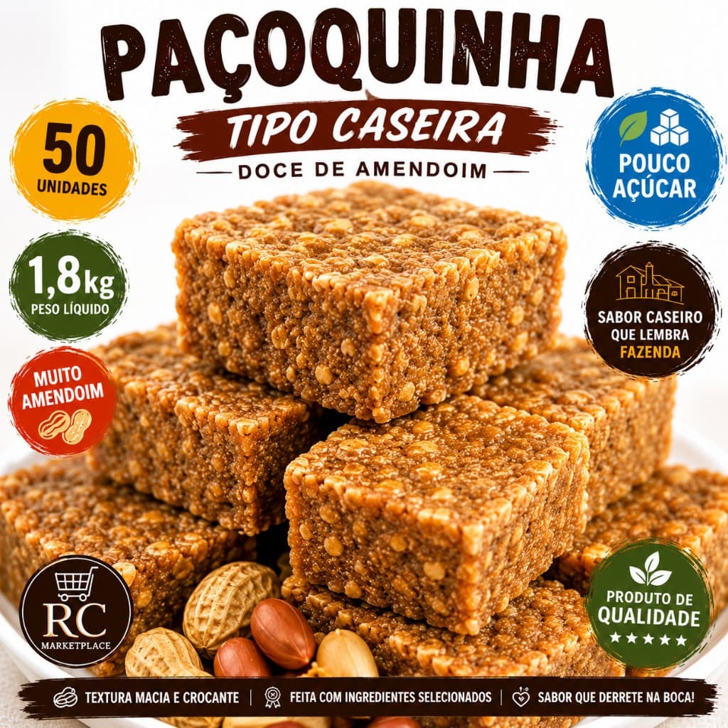 Paçoquinha Premium de Amendoim 1,8Kg Gourmet Artesanal Doce Tradicional - POUCO AÇUCAR 50 UNID