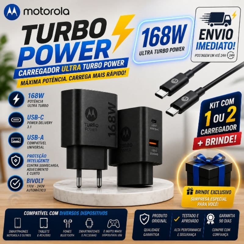 Kit 1ou 2 Carregador Motorola 168W Power Turbo+BrindeEspecial