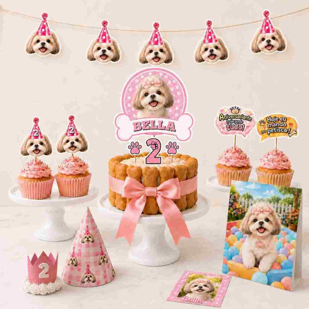 Kit Festa Pet Premium Personalizado com Foto para Cachorro Aniversário Topo Bolo Coroa EVA Decoração