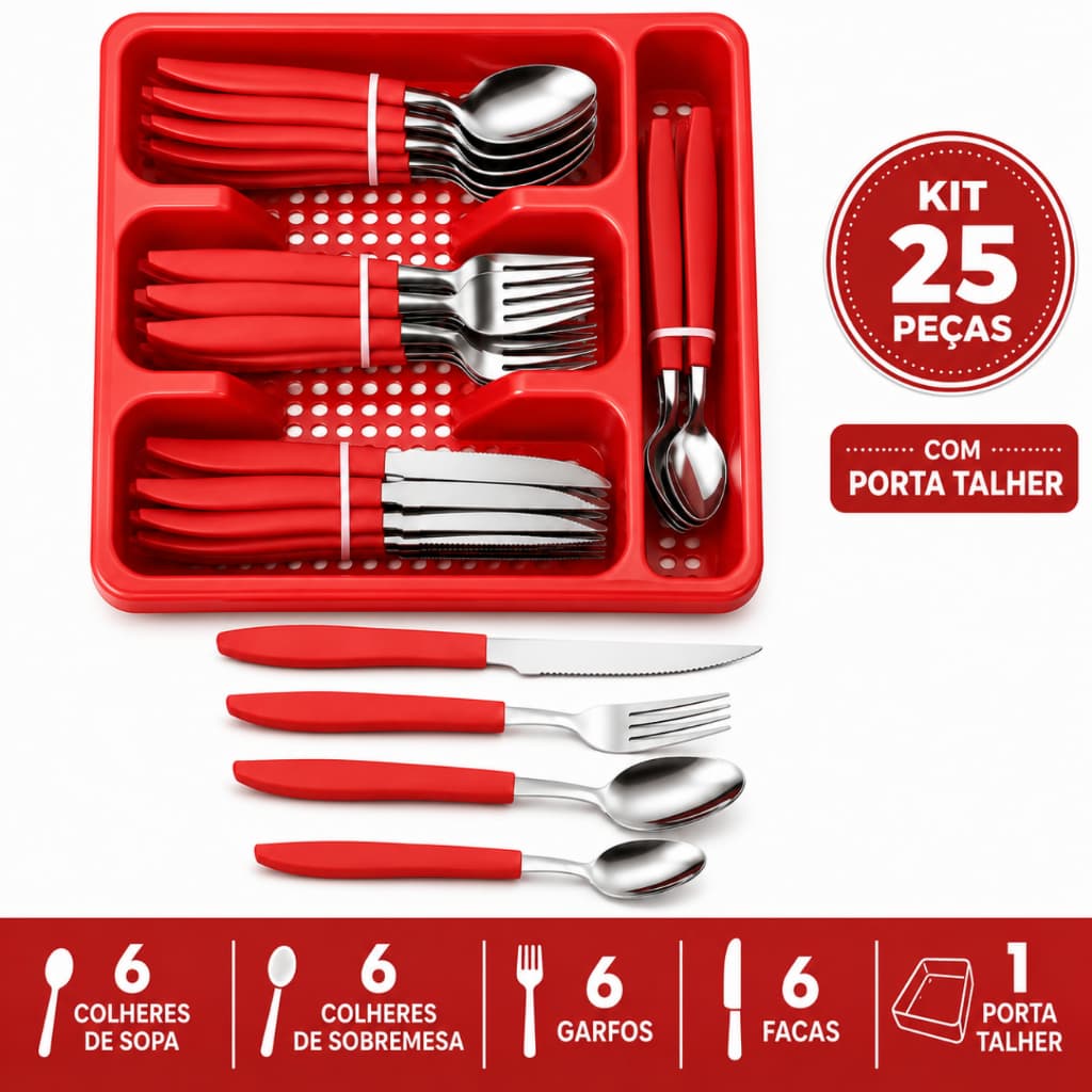 Jogo de Talheres 25 Peças + Porta Talheres + Forma Silicone Air Fryer + Processador Manual 500ml