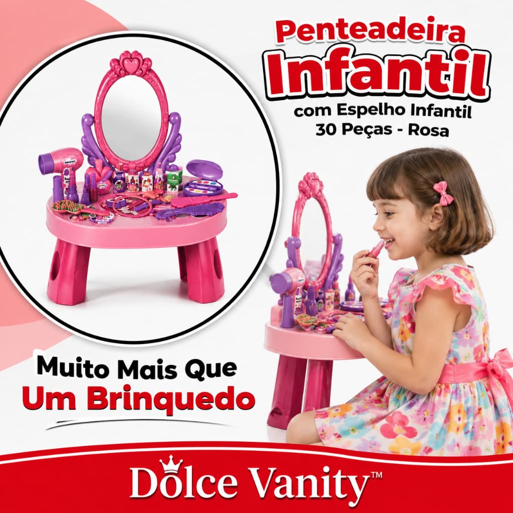 Penteadeira Infantil Camarim Fashion Rosa 30 Peças com Espelho Real e Acessórios Menina 3+ Anos