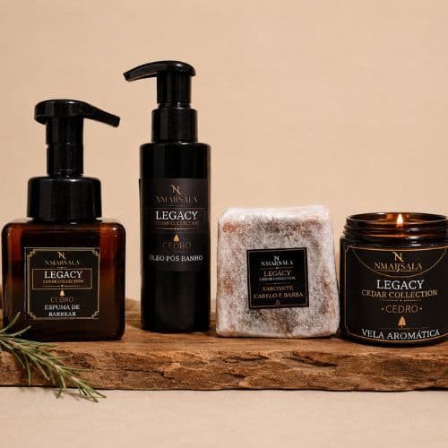 Presente Dia dos Pais Legacy Cedar Collection Espuma de Barbear + Sabonete Cabelo e Barba + Óleo Pós-Banho + Vela Aromat