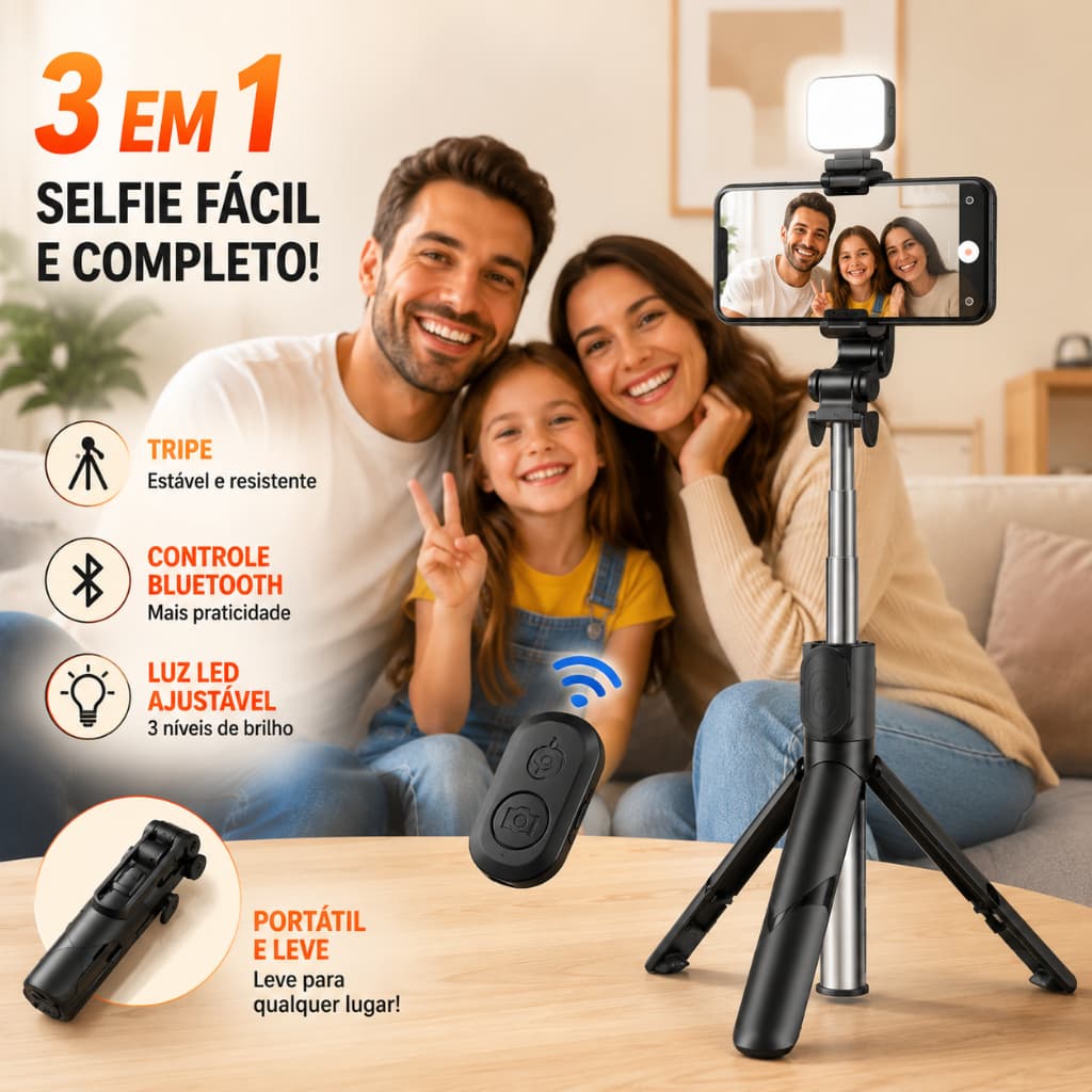 Bastão Pau de selfie Tripé Retrátil Com Luz LED Controle Bluetooth Celular Orbitta