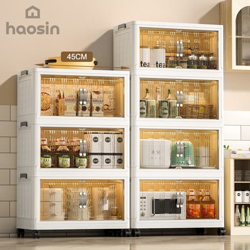45cm Armário Empilhável 3/4 Portas Magnéticas com Rodinhas – Organizador Multiuso para Quarto e Sala