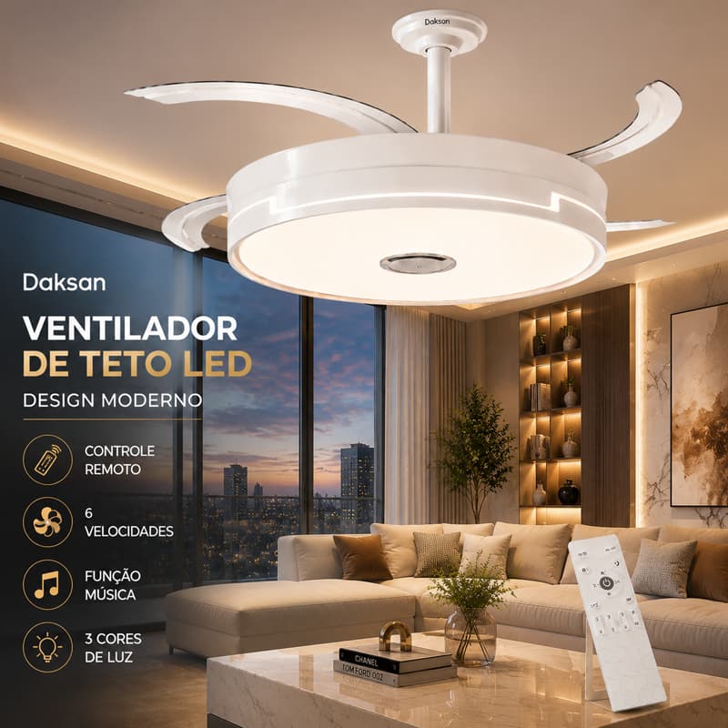 Ventilador de Teto LED com Controle Remoto Música 4 Pás Retráteis Ultra Silencioso Bivolt Luminária Moderna 3 em 1