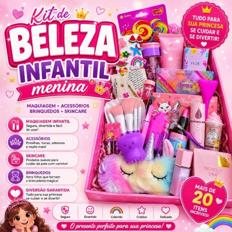 Kit beleza infantil maquiagem infantil kit maquiagem menina, presente para menina brinquedo feminino kit princesa
