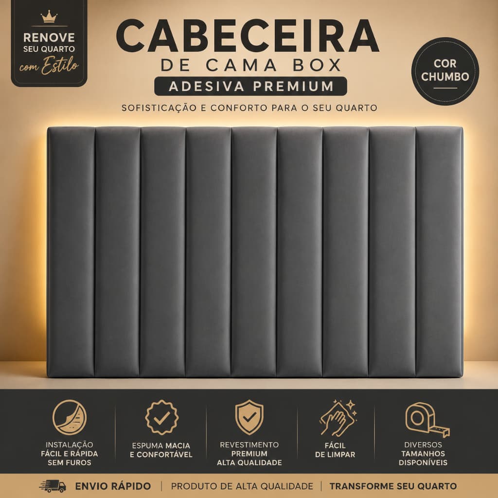 Cabeceira de Cama Box Adesiva Estofada 110x20 Premium Casal Queen Envio Imediato ⭐