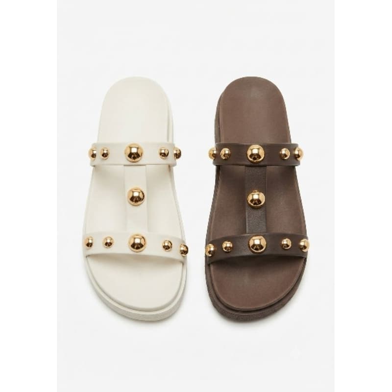 Sandália Rasteira Feminina Papete Birken Tachas Spikes Douradas Confortável