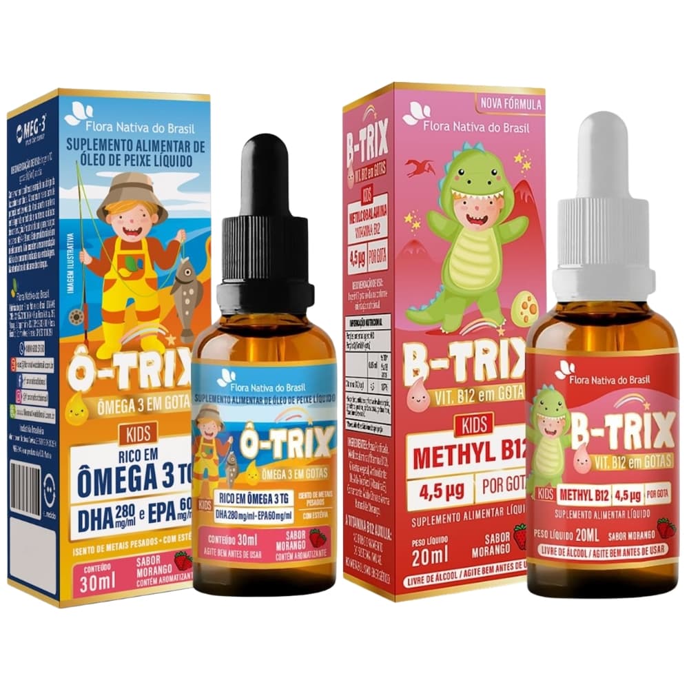 KIT INFANTIL O-TRIX (Omega 3 DHA/EPA) + B-TRIX (METHYL B12) GOTAS MORANGO 30ML FLORA NATIVA
