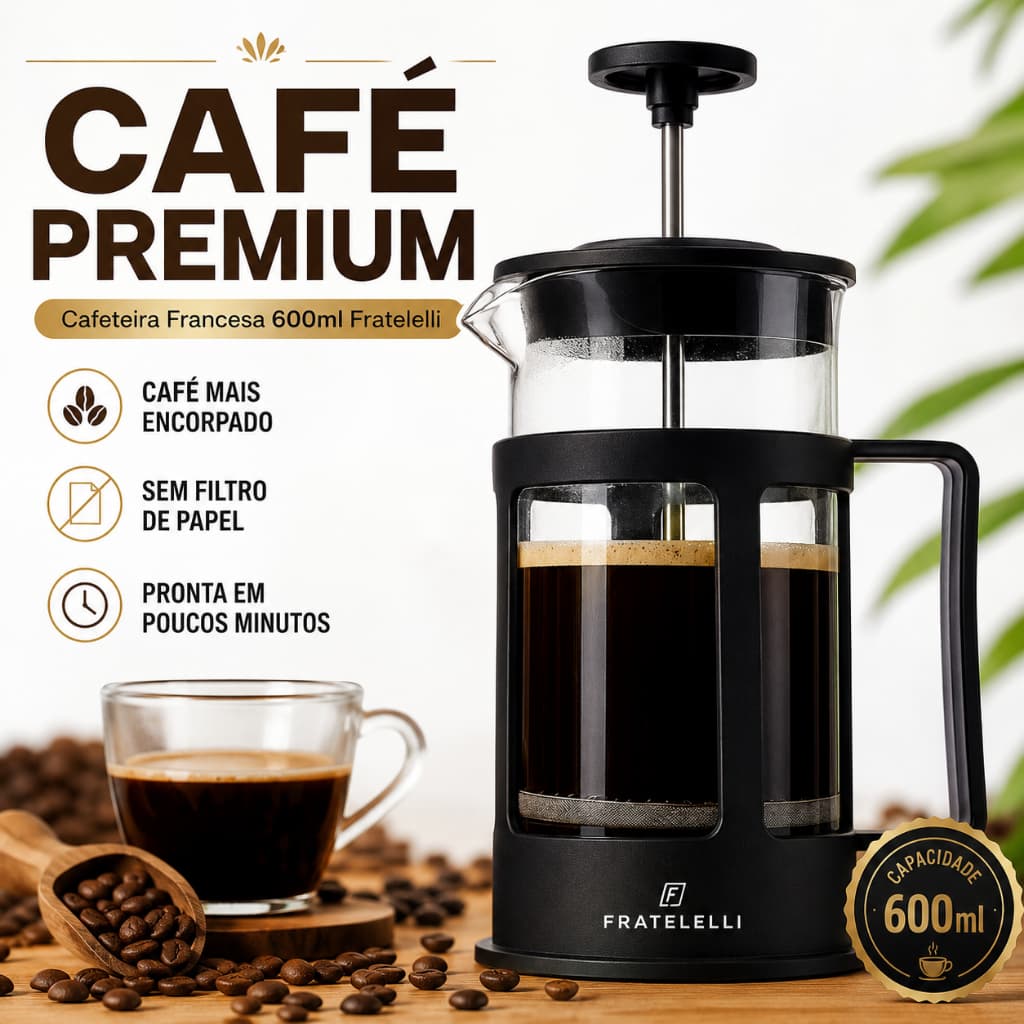Cafeteira Francesa 600ml Prensa Cafe Design Moderno Vidro Resistente Preto