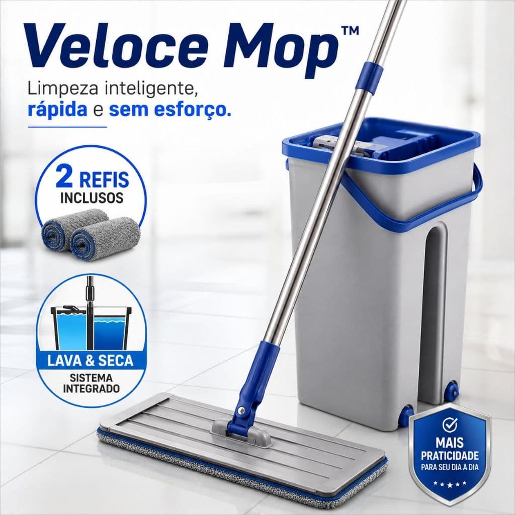 Mop Flat Lava e Seca com Balde 2 Refis Microfibra Veloce Mop Rodo Mágico Limpeza de Pisos