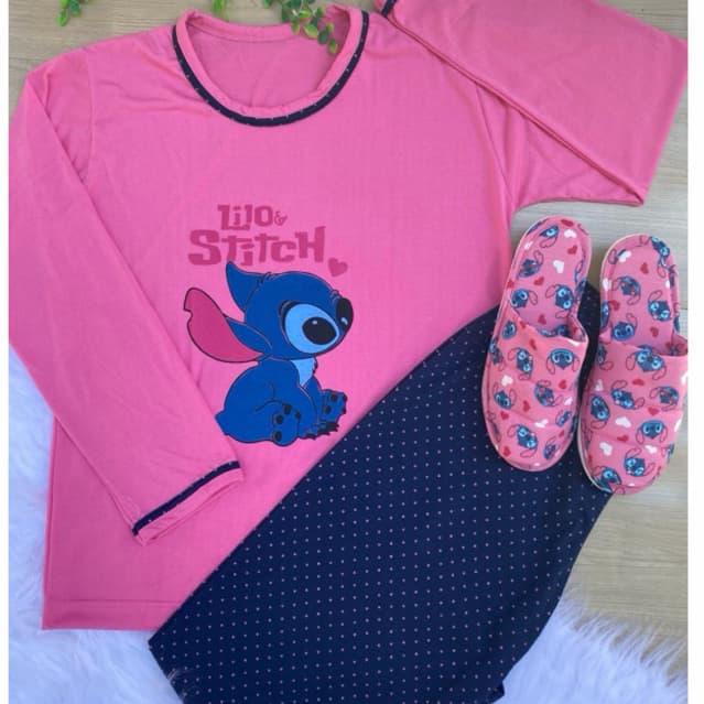 kit pijama adulto + pantufa stitch longo de inverno de frio