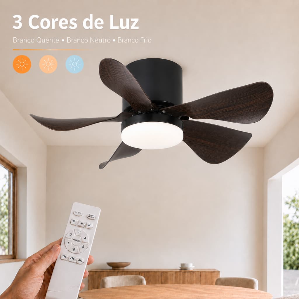 3 Cores Mini Ventilador Plafon LED 20W Bivolt Controle Remoto Timer 6 Velocidades para Quarto