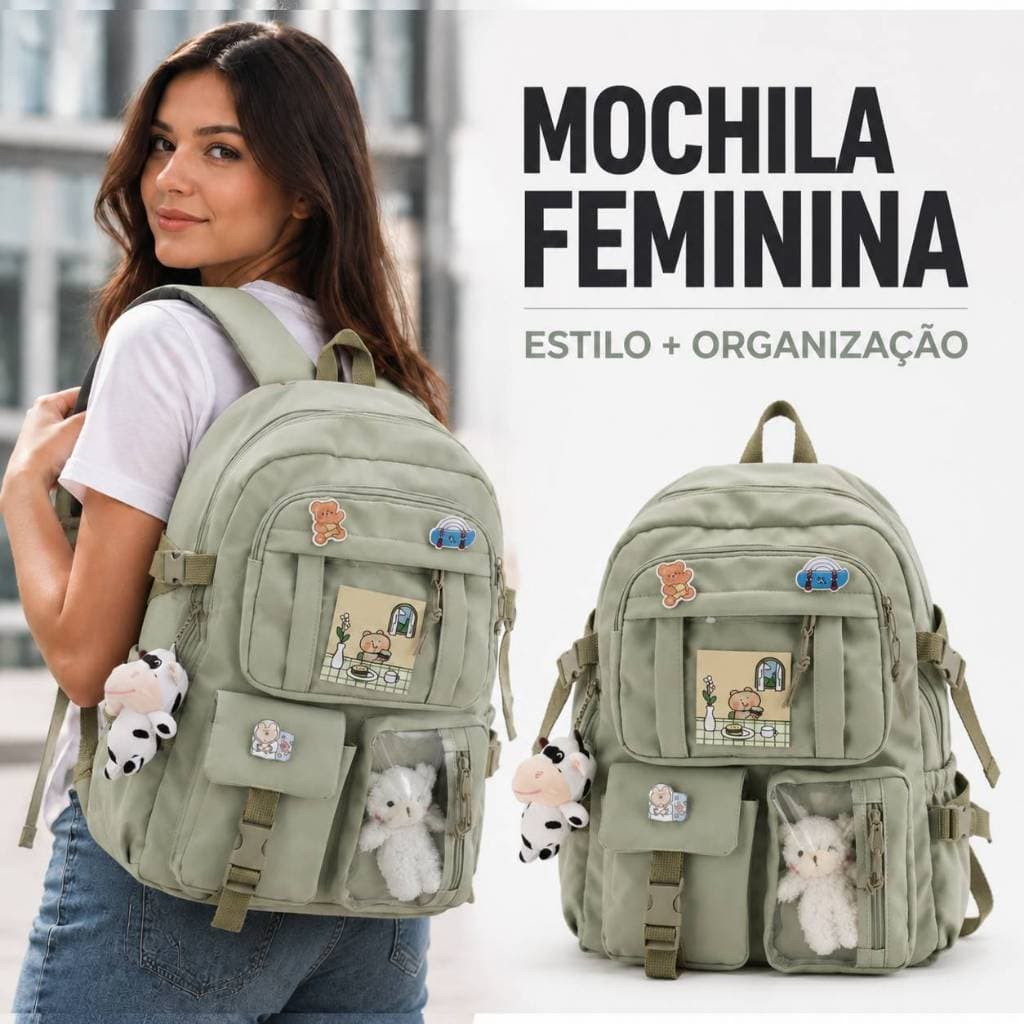 Mochila Feminina Escolar Grande Capacidade Estilosa com Bolsos Multiuso Design Criativo para Escola Faculdade