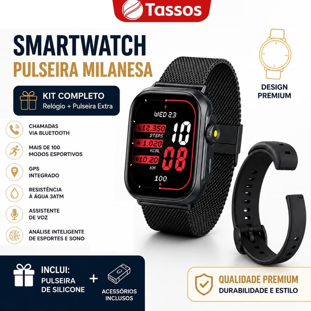TASSOS Relógio Inteligente Smartwatch Bluetooth com GPS 3ATM Mais de 100 Modos Esportivos Monitor Cardíaco Bateria Longa