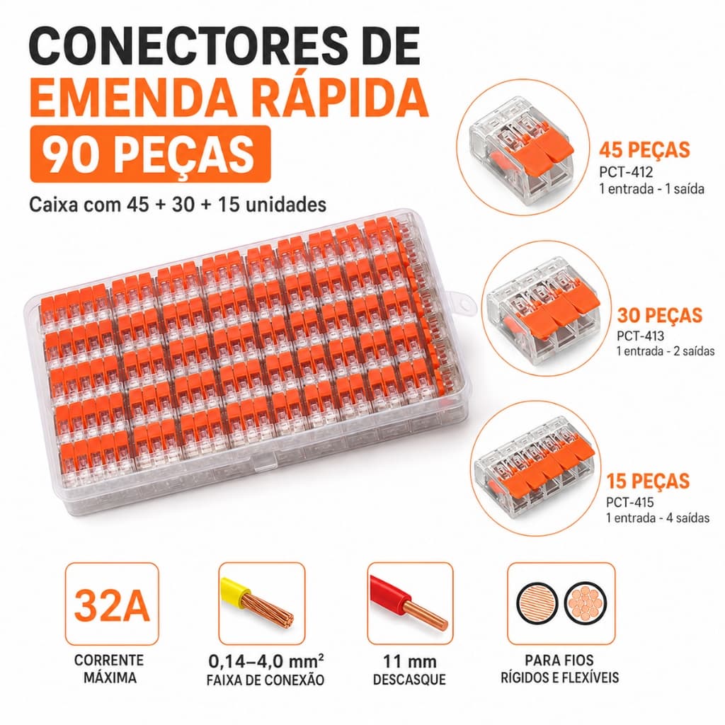 Kit 90 Conectores de Emenda Rápida PCT | 2, 3 e 5 Vias, Terminal Elétrico para Fios Rígidos e Flexíveis, Suporta até 32A
