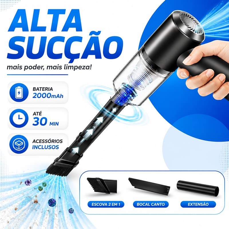 Aspirador de Pó Portátil Sem Fio 120W 6000Pa USB Recarregável para Carro e Casa