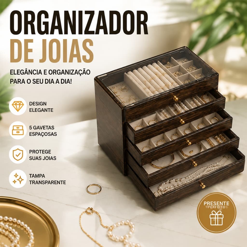 Organizador de Joias com 5 Gavetas | Caixa em MDF com Tampa Transparente, Forro Aveludado para Anéis, Brincos,