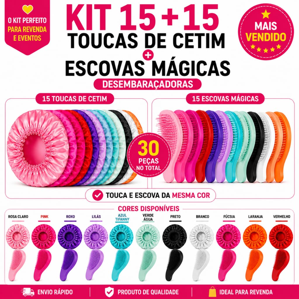Kit Atacado 15 Toucas Cetim Anti Frizz + 15 Escovas Desembaraçantes Salão Revenda Lote 30 Peças