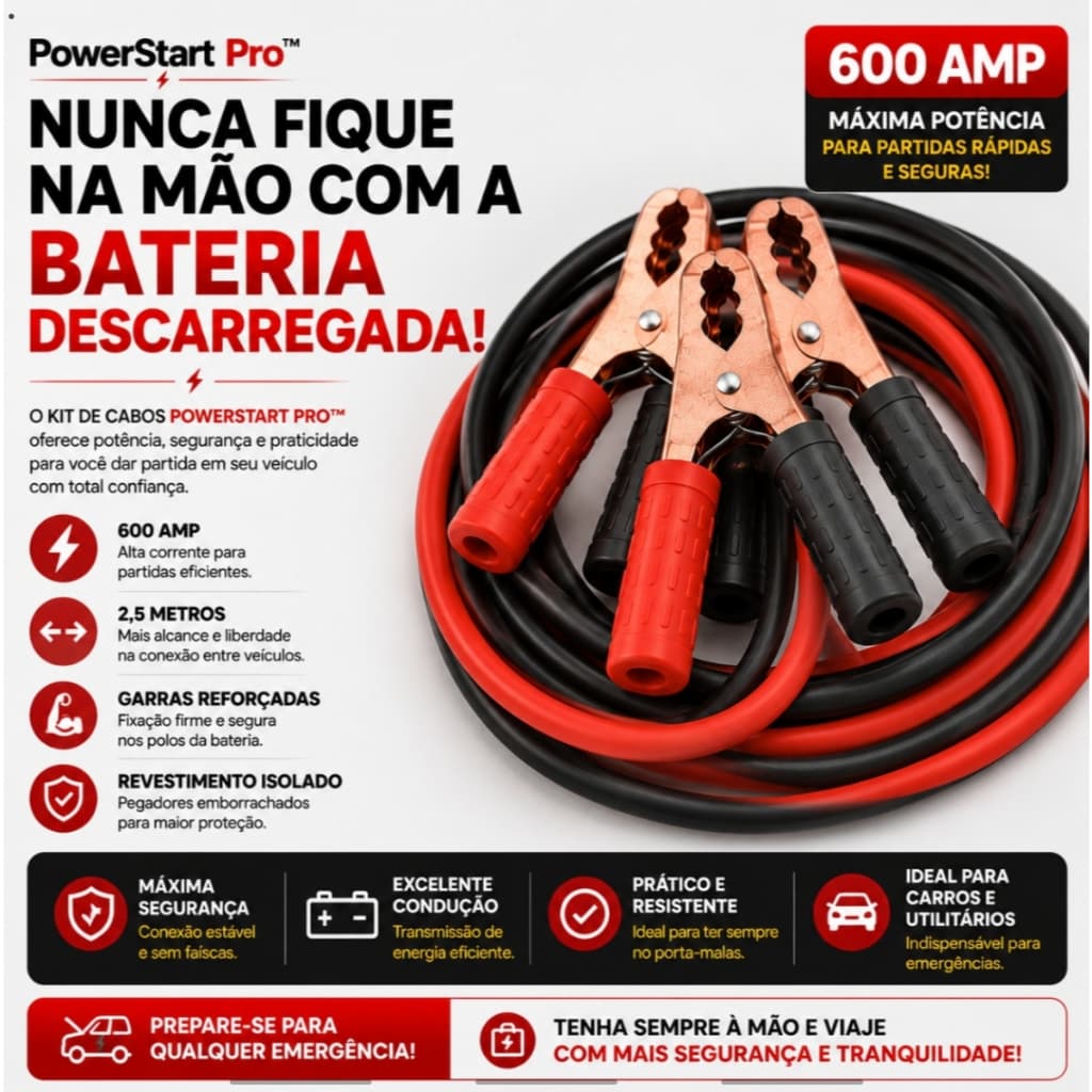 Kit 2 Cabos Para Chupeta Bateria Automotiva 600 AMP 2,5 Metros PowerStart Pro™ Reforçado