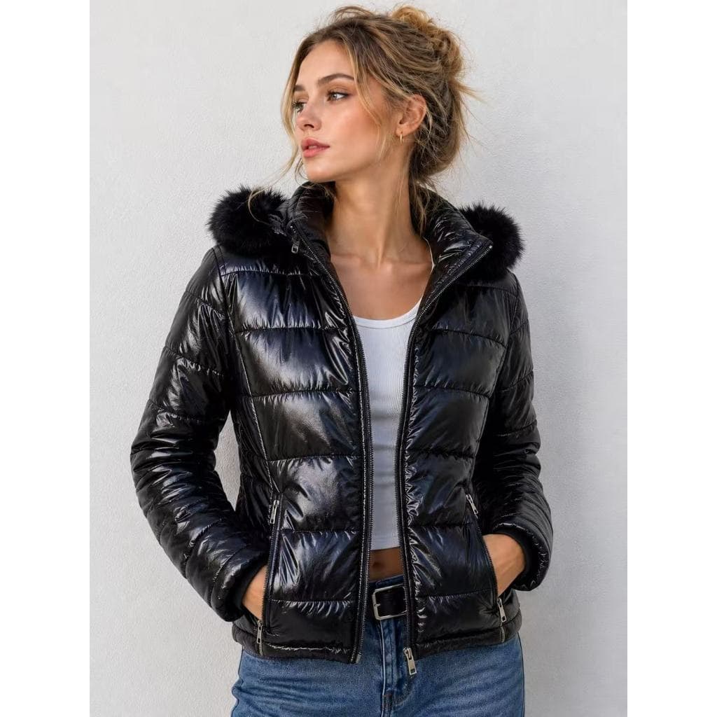 Jaqueta Puffer Casaco Feminina Brilhante com Capuz e Bolso Alta Premium