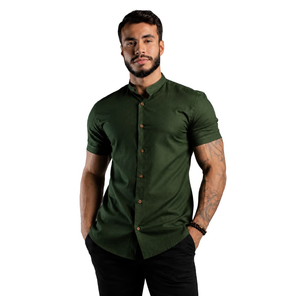 Camisa Social Gola Padre Verde Escuro Manga Curta De Linho