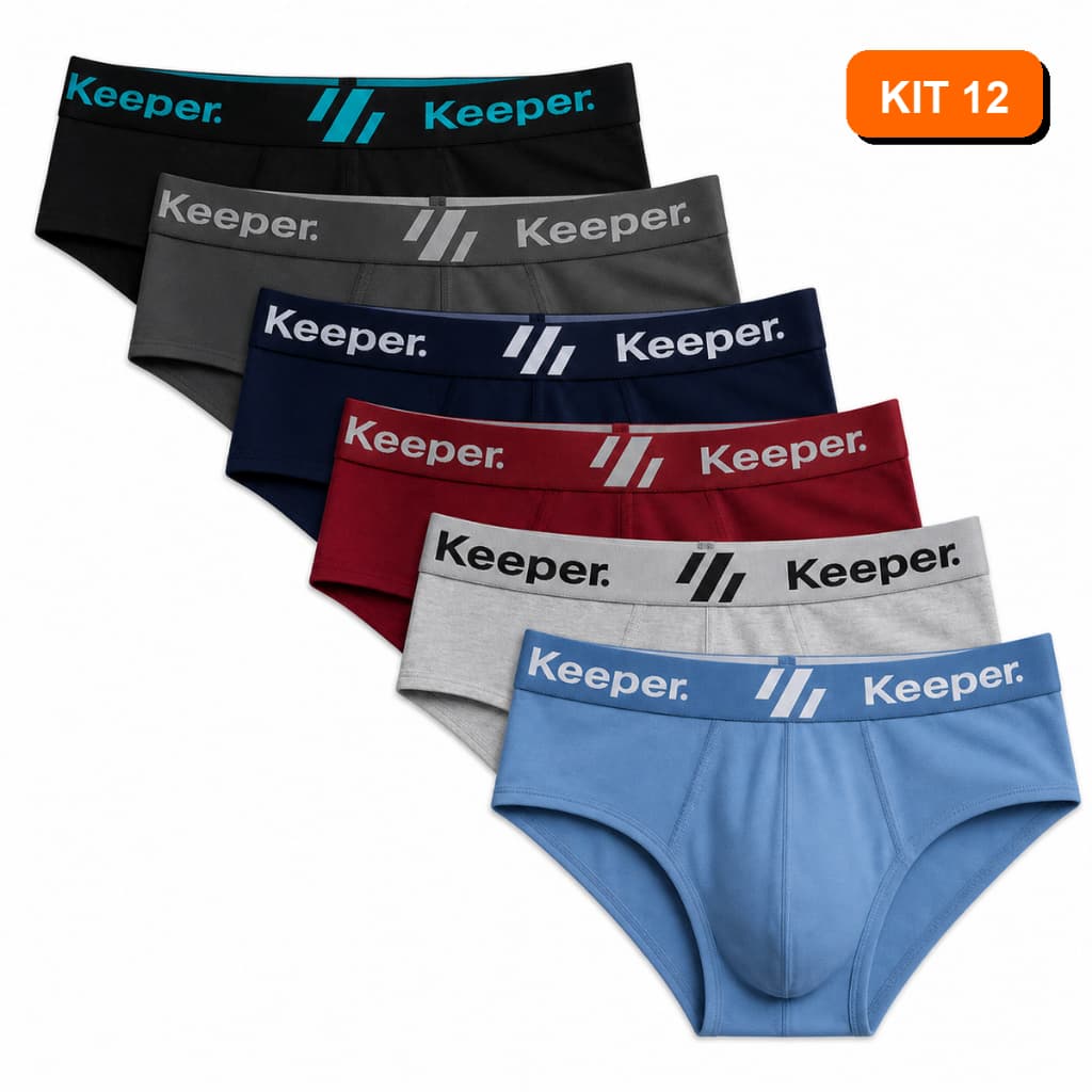 Kit 12 Cuecas Slip Masculinas 100% Algodão Elástico Aparente Conforto Original Keeper