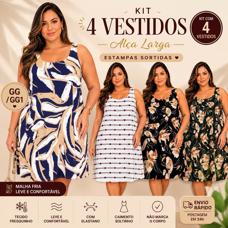 Kit 4 Vestidos Femininos Plus Size GG GG1 Malha Fria Alça Larga Vestido Soltinho Confortável Estampas Sortidas