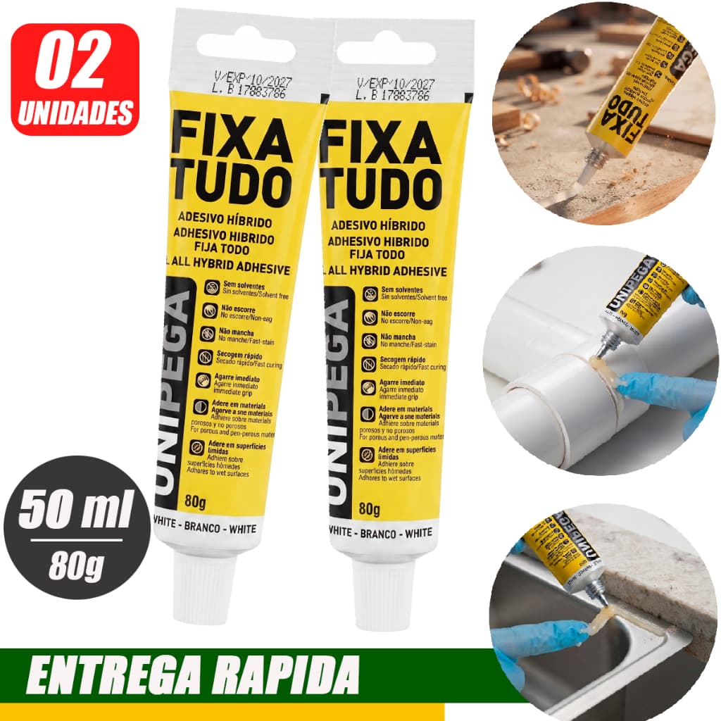 Kit 2 Colas Fixa Tudo Branco 80gr cola até Debaixo D'agua Metais Concreto Vidros Pedras