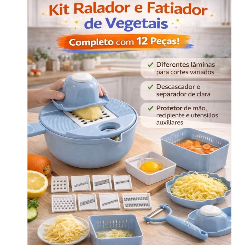 Kit Fatiador e Ralador de Verduras e Legumes 12Peças -cor Sortida corta, fatia, rala, descasca fácil