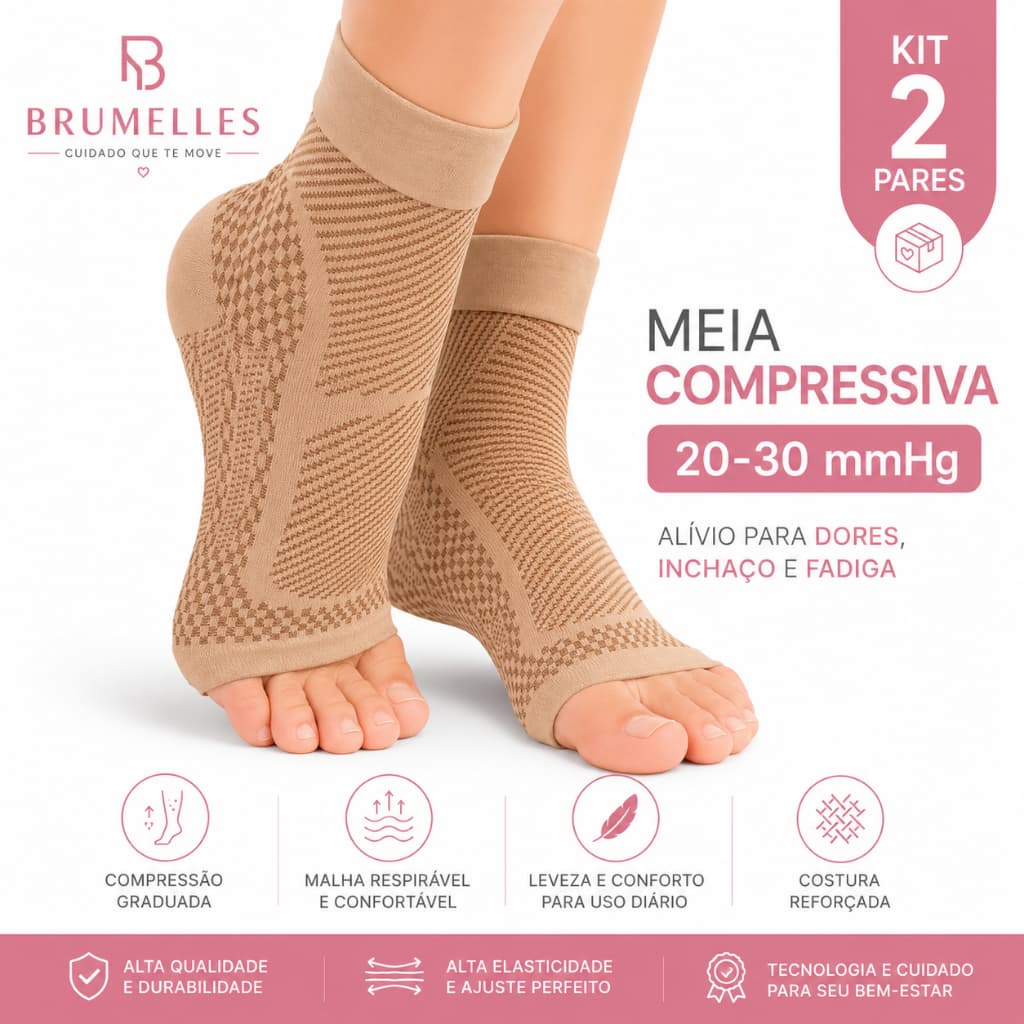 Kit 2 Pares de Meias Ortopédicas de COMPRESSÃO 20-30 mmhg (COSTURA DUPLA) Tornozeleira para Alivio de Dores e Inchaço.