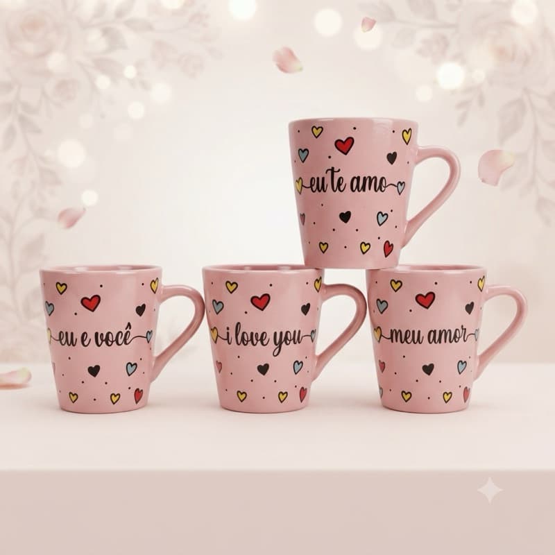 Kit Canecas Cônica Rosa Faixa Amor 120ml Xícara Chá Café Porcelana Personalizada Presente Elegante Desing Sofisticado