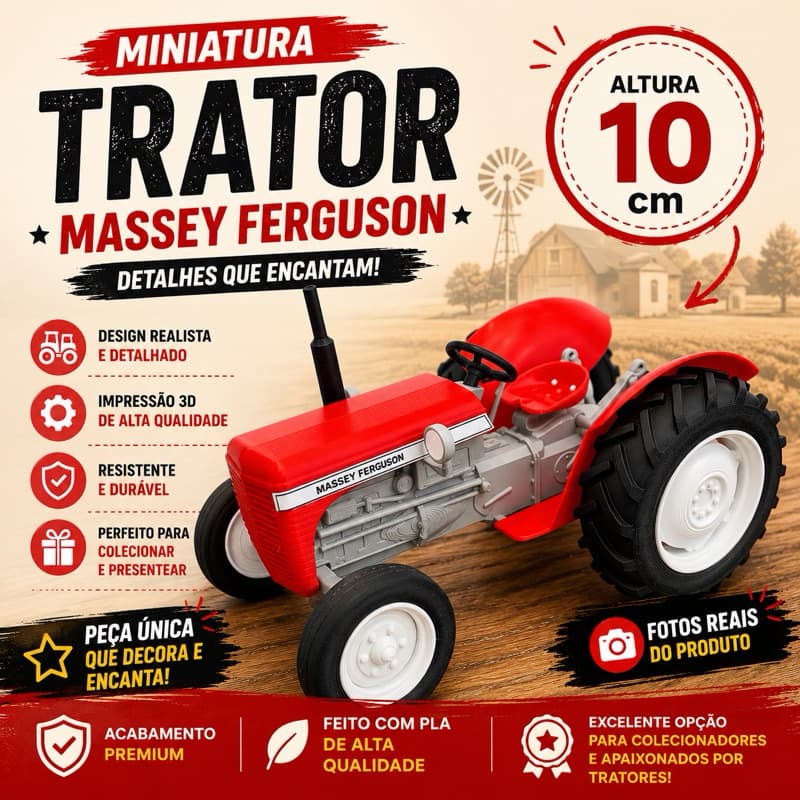 Miniatura Trator Massey Ferguson 16cm Impressão 3D Decorativa Colecionável