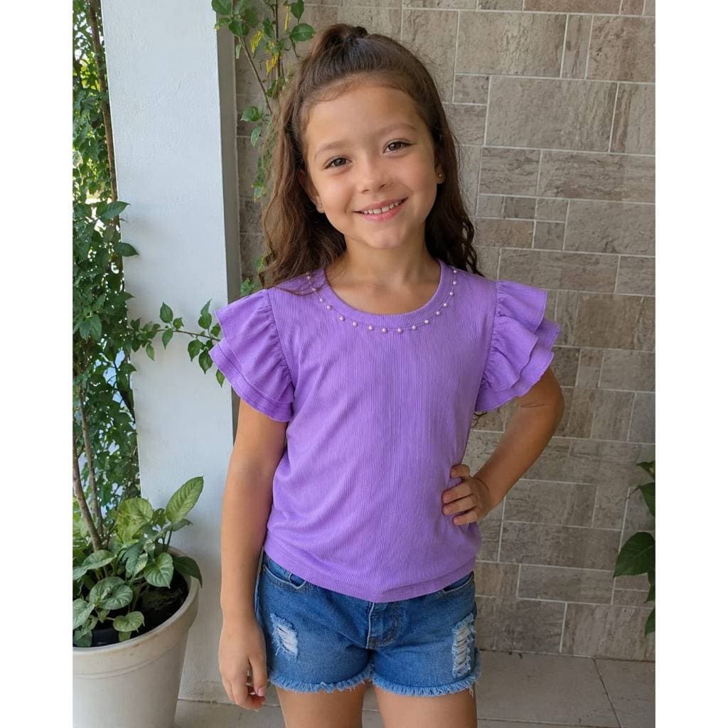 Blusa Infantil Feminina Casual Tecido Malha Anaruga Manga Babado Pérolas em  Várias Cores