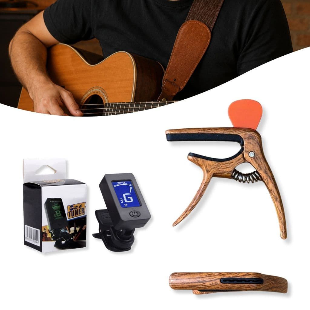Capotraste De Metal Para Violão Guitarra Baixo Com Porta Palheta + Afinador Digital