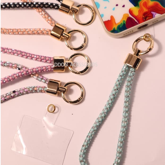 Kit 2 Aleatório  Cordão Celular com Miçangas Strass 16cm Alça de Mão Chaveiro Celular