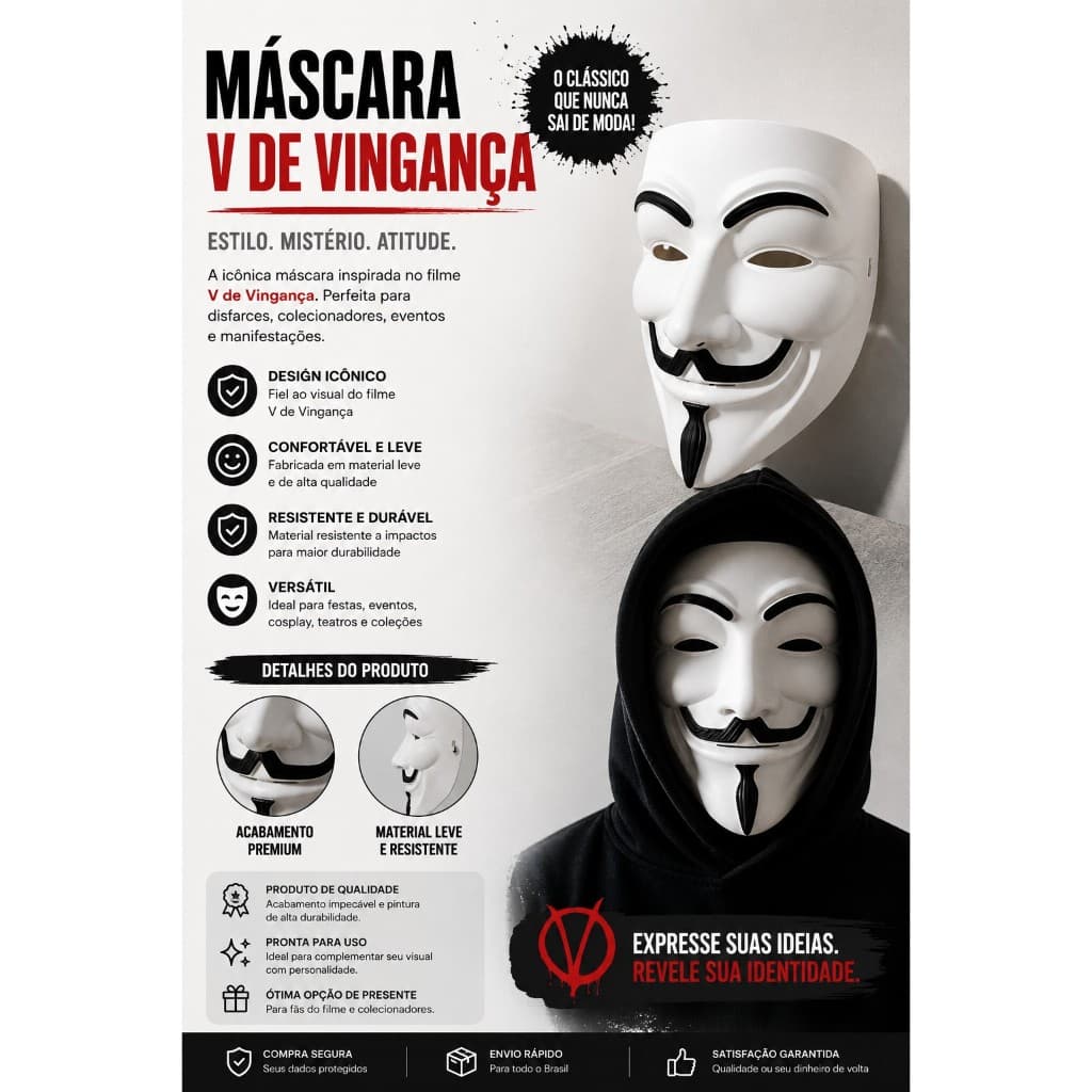 Máscara V de Vingança em Impressão 3D – Fantasia, Cosplay e Decoração – Branco com Preto
