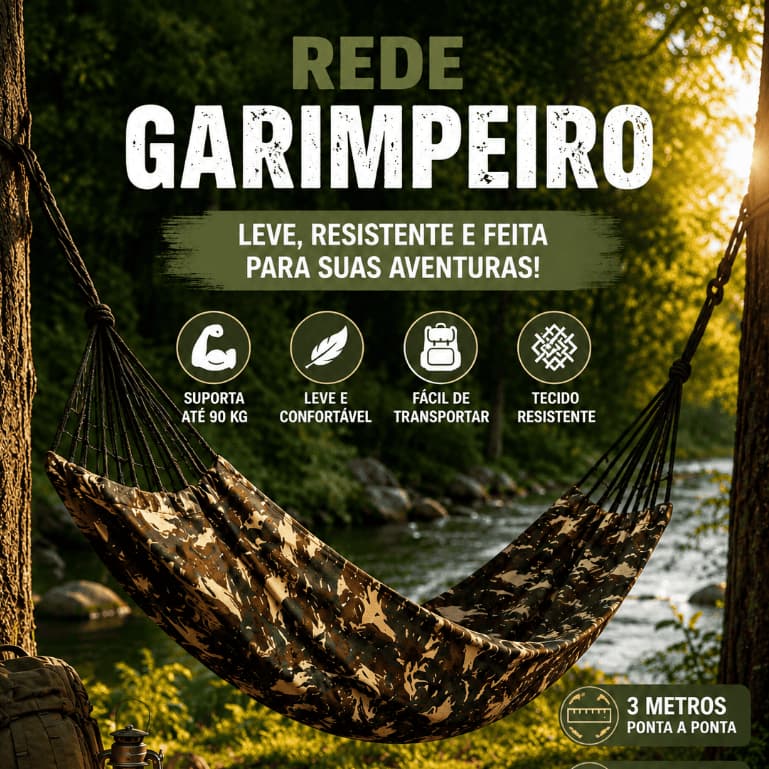 Rede Garimpeira Camuflada Camping 3m Rede de Descanso Pesca Trilha Fazenda Suporta 90kg