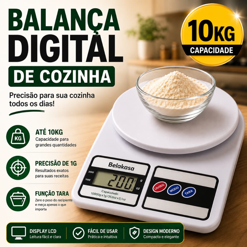 Balança Digital de Cozinha 10kg Alta Precisão 1g Tara Alimentos Dieta Fitness Confeitaria Belakasa